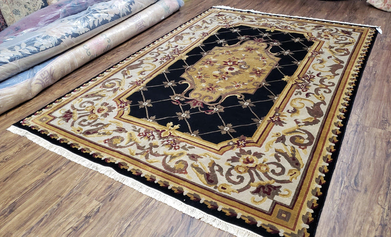 6x9 Nepalese Rug, Aubusson Savonnerie Area Rug 6 x 9 with Soft Pile, Hand-Knotted Wool Black & Beige Tibetan New Carpet European Design