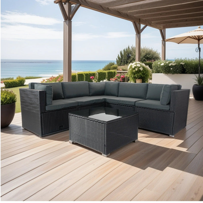 6 Pieces PE Rattan sectional Outdoor Furniture Cushioned Sofa Set with 3 Storage Under Seat Black Wicker + Dark Grey Cushion