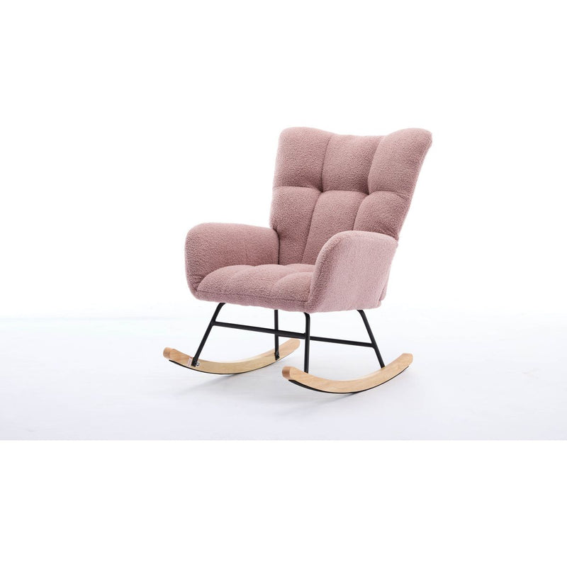Modern Nursery Rocking Chair Upholstered Glider Chair with High Backrest Rocker Accent Armchair with Solid Wood Legs for Nursery Bedroom Living Room Teddy(Pink)