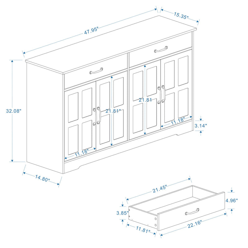47.95" Farmhouse Buffet Cabinet Storage Sideboard with 2 Drawers and 4 Doors for Dining Living Room Kitchen Cupboard-White