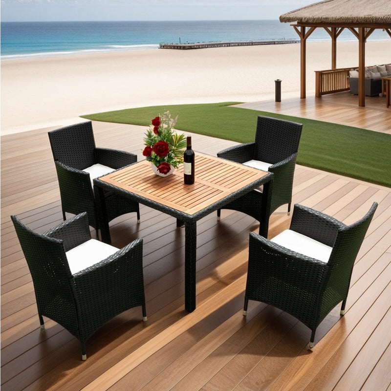 Walker Edison | 5 piece Outdoor Patio Wicker Dining Set Patio Wicker Furniture Dining Set w/Acacia Wood Top Black Wicker + Creme Cushion