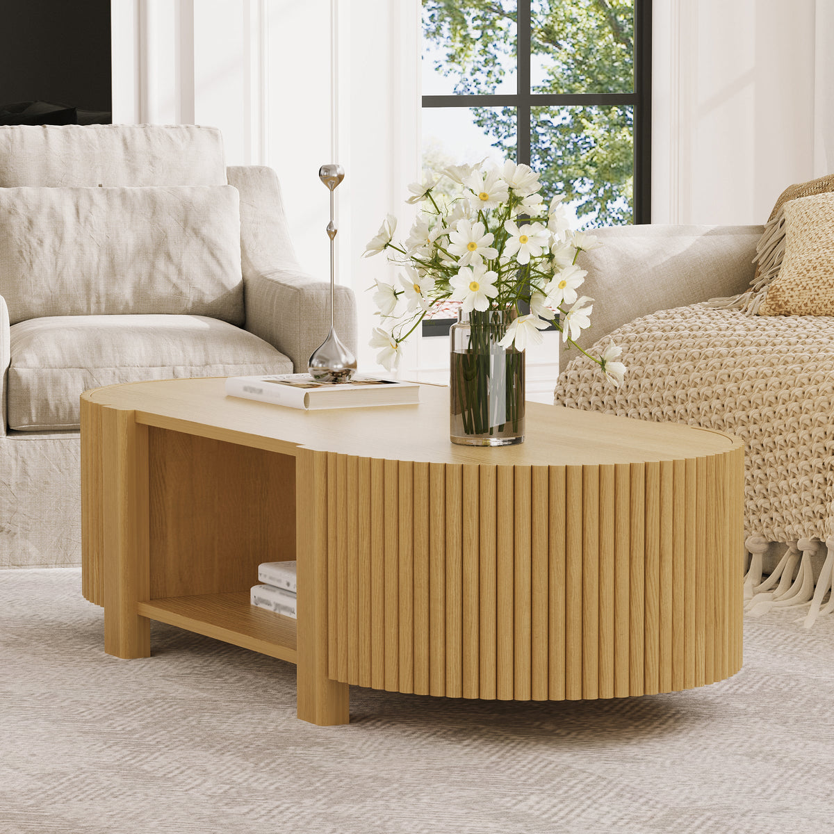 Oval Fluted Coffee Table with Storage for Living Room, photo 3 of 10