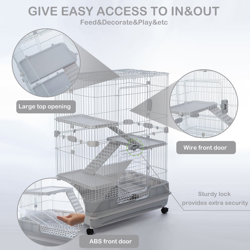 4-Tier 32" Small Animal Metal Cage Height Adjustable with Lockable Casters Grilles Pull-out Tray for Rabbit Chinchilla Ferret Bunny Guinea Pig Squirrel Hedgehog (GREY)