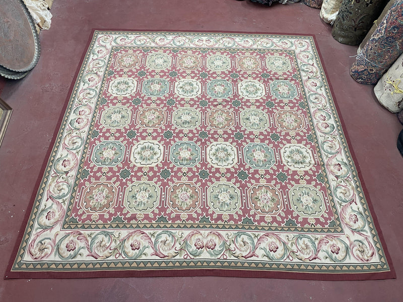 9x9 Square Rug Hand Knotted, Needlepoint Aubusson Carpet, Blush Red, Beige, Green, New, Mint Condition Area Rug, English European Design