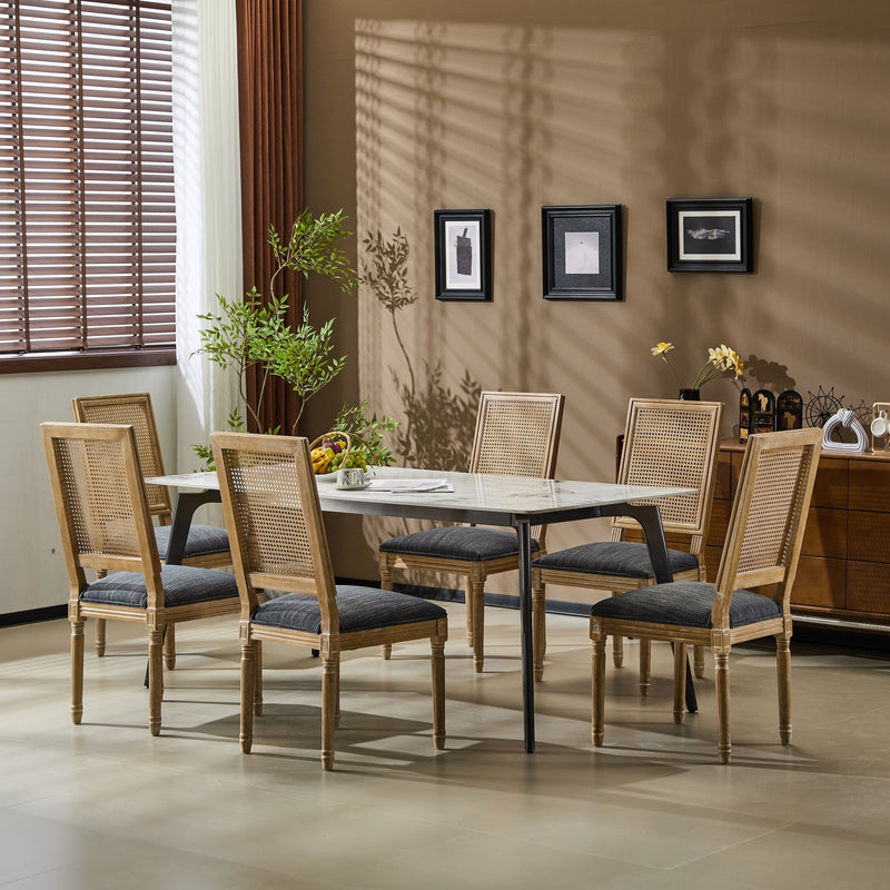Elegant French Country Dining Chairs Set of 6 with Cane Backrest & Upholstered Seats in Blue Gray Solid Rubberwood Frame