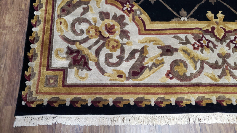 6x9 Nepalese Rug, Aubusson Savonnerie Area Rug 6 x 9 with Soft Pile, Hand-Knotted Wool Black & Beige Tibetan New Carpet European Design