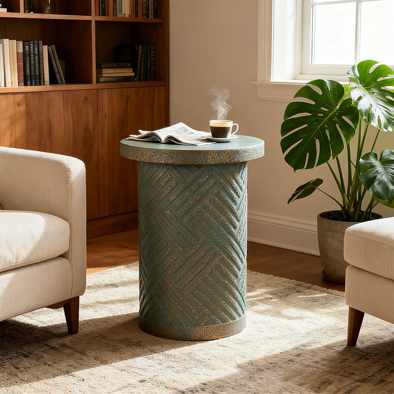 Round Outdoor End Table With Tree Stump Design For Patio - Golden / Green / Peacock, photo 2 of 7