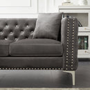 59.4 Inch Wide Grey Velvet Sofa with Jeweled buttons, Square Arm, 2 Pillow
