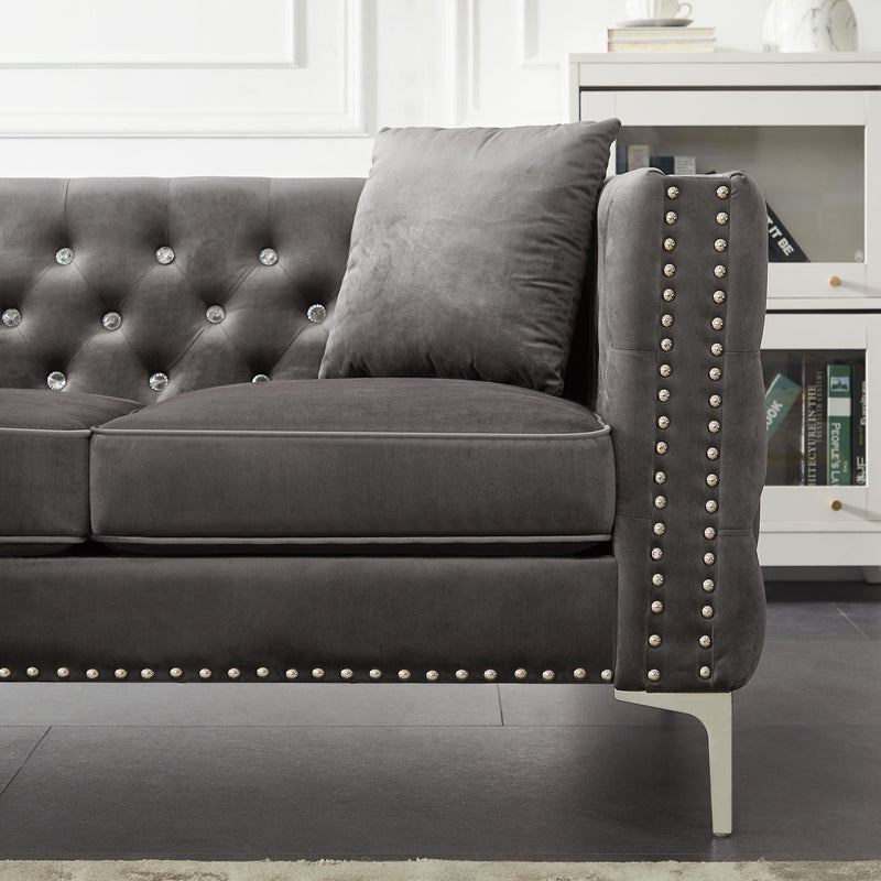 59.4 Inch Wide Grey Velvet Sofa with Jeweled buttons, Square Arm, 2 Pillow