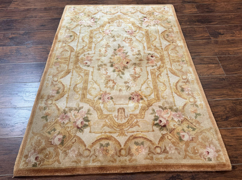 Chinese Aubusson Rug 3.6 x 5, Beige and Gold, Handmade Vintage Elegant European Design Carpet, Plush Wool, Handmade