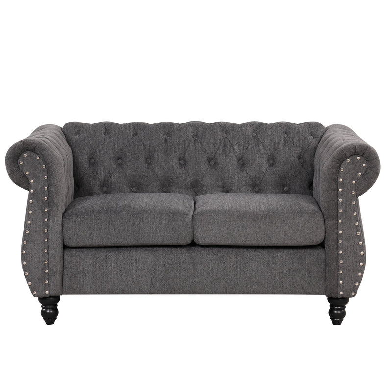 60" modern sofa Dutch plush upholstered sofa, solid wood legs, buttoned tufted backrest, gray