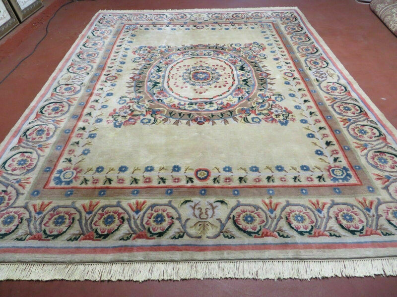 8' X 10' Vintage Handmade Wool Rug Aubusson Savonnerie Design European Nice