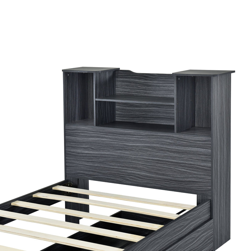 Walker Edison | Twin Size Storage Platform Bed Frame with 4 Open Storage Shelves and 2 Storage Drawers, LED Light, Gray