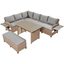 5-Piece Outdoor Patio Rattan Sofa Set, Sectional PE Wicker L-Shaped Garden Furniture Set with 2 Extendable Side Tables, Dining Table and Washable Covers for Backyard, Poolside, Indoor, Brown