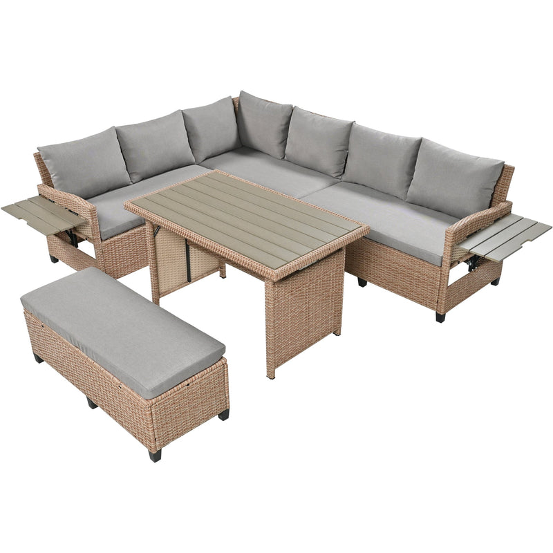 5-Piece Outdoor Patio Rattan Sofa Set, Sectional PE Wicker L-Shaped Garden Furniture Set with 2 Extendable Side Tables, Dining Table and Washable Covers for Backyard, Poolside, Indoor, Brown
