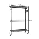 Heavy Duty Rolling Clothes Rack with 3 Tier Shelves, 2 Rails & Side Hooks, Adjustable Freestanding Organizer, Black Metal