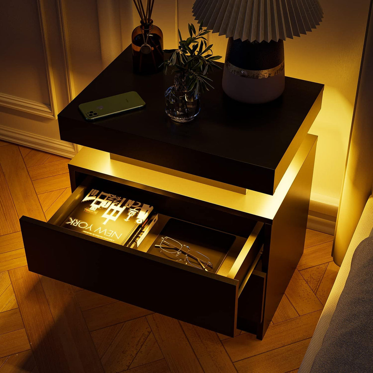 Modern LED Nightstand Bedside Table with 2 Drawers, photo 7 of 8
