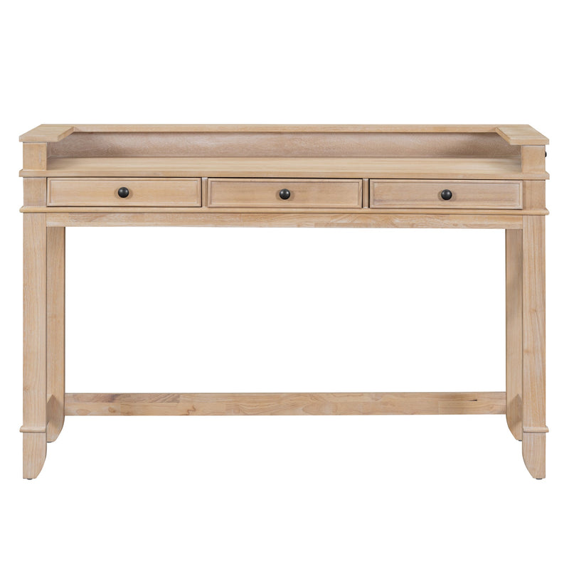 4-piece Dining Bar Table Set with 3 Upholstered Stools, Multifunctional Dining Table with 3 Drawers (Natural Wood Wash)