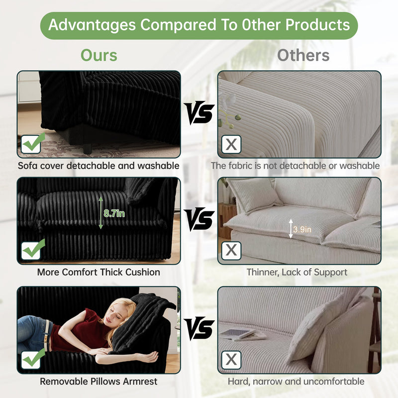 L-Shaped Slipcovered Sectional Sofa Couch, Comfy Deep Seat Cloud Couch with Convertible Ottoman & 2 Big Pillows, Modern Oversized 3 Seater Slipcovered Sofa Set for Living Room Office, Black Corduroy