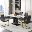 A modern, minimalist, and luxurious dining table with a white imitation marble tabletop and MDF legs with U-shaped brackets. Tables in restaurants and living rooms 63"x35.4"x30 F-U