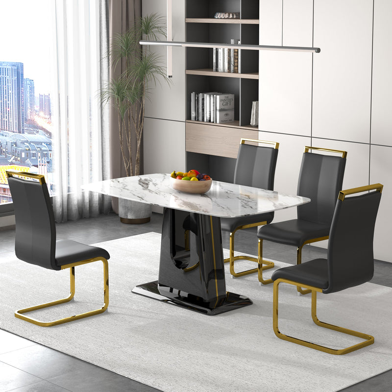 A modern, minimalist, and luxurious dining table with a white imitation marble tabletop and MDF legs with U-shaped brackets. Tables in restaurants and living rooms 63"x35.4"x30 F-U