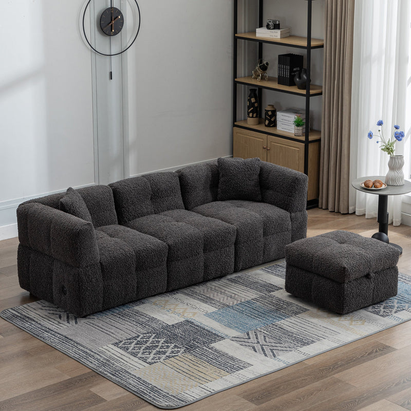 87.7" Sectional Sofa Cozy Teddy Fleece Fabric Sectional Sofa Couch with Two USB Ports a Movable Storage Ottoman and Two Lumbar Pillows for Living Room, Gray
