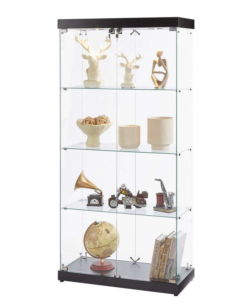 4-Tier Glass Display Cabinet, Double Door Glass Cabinet, Four Partitions, Two Locks, Floor Standing Storage Cabinet for Living Room, Bedroom, Showroom and Office, Black, 31.5"L x 14.2"W x 66.3"H