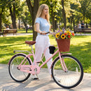 26-Inch Beach Cruiser Bike with Basket and Cup Holder - Pink by LJGDeals