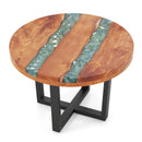 24 Inch Outdoor Solid Live Edge Round Teak Wood End Table with Epoxy Resin Tabletop by LJGDeals