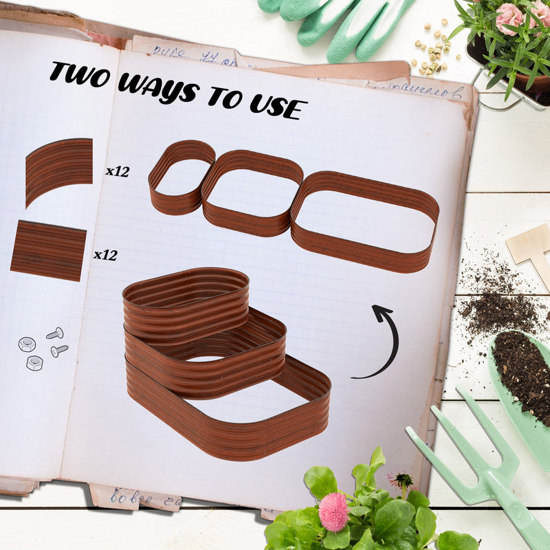 3-Tier Galvanized Steel Raised Garden Bed Kit, 62.25" x 43" x 32.25", 3 Combining Planter Boxes with Rubber Strip Edging, Open Bottom for Backyard, Garden, Patio, Brown