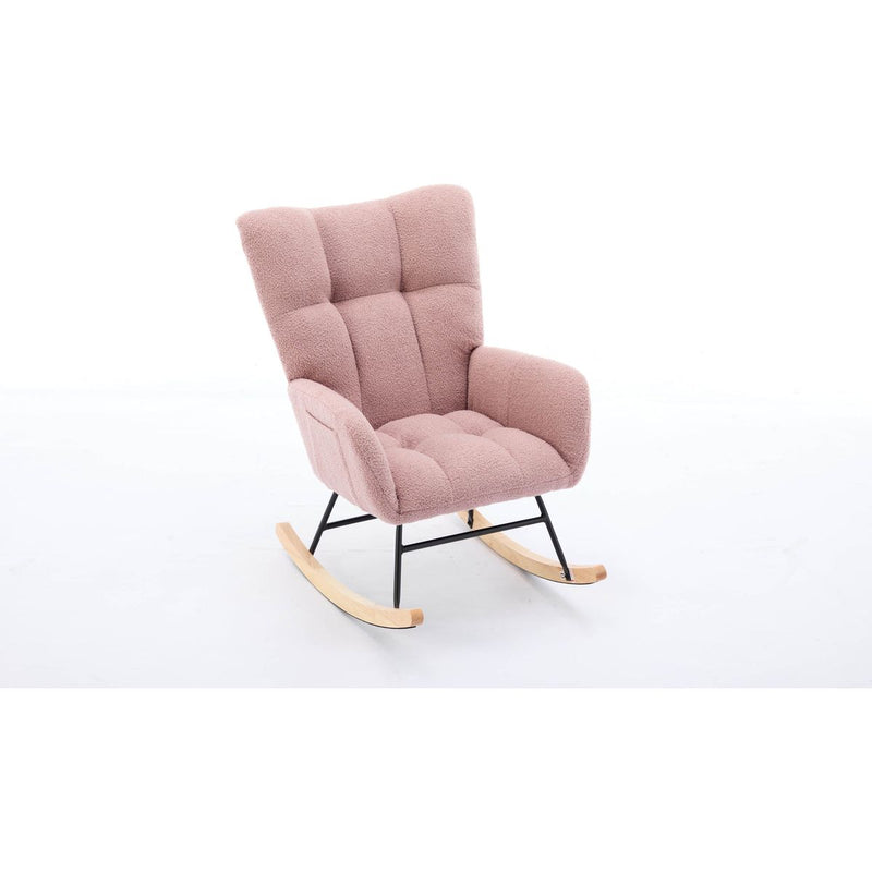 Modern Nursery Rocking Chair Upholstered Glider Chair with High Backrest Rocker Accent Armchair with Solid Wood Legs for Nursery Bedroom Living Room Teddy(Pink)