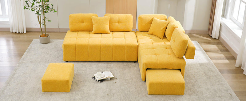 91.73" L-shaped Sofa Sectional Sofa Couch with 2 Stools and 2 Lumbar Pillows for Living Room, Yellow