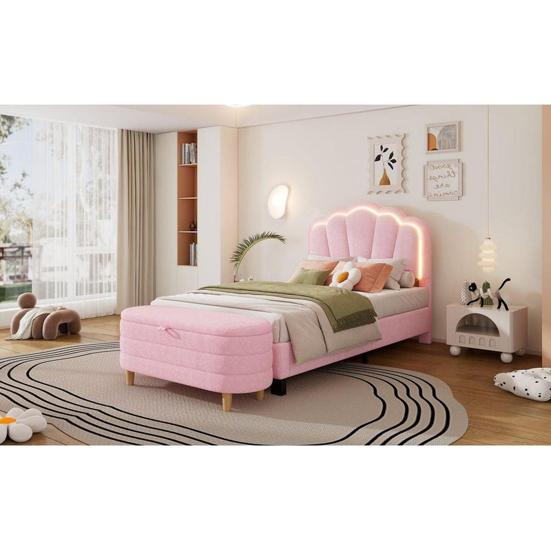 2-Pieces Bedroom Sets Twin Size Flower-Shaped Upholstered LED Platform Bed with Storage Ottoman-Sherpa Fabric, Pink
