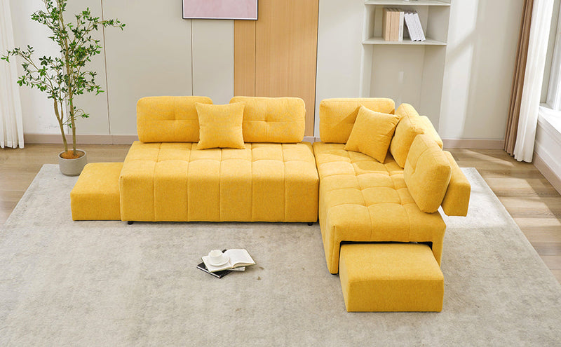 91.73" L-shaped Sofa Sectional Sofa Couch with 2 Stools and 2 Lumbar Pillows for Living Room, Yellow
