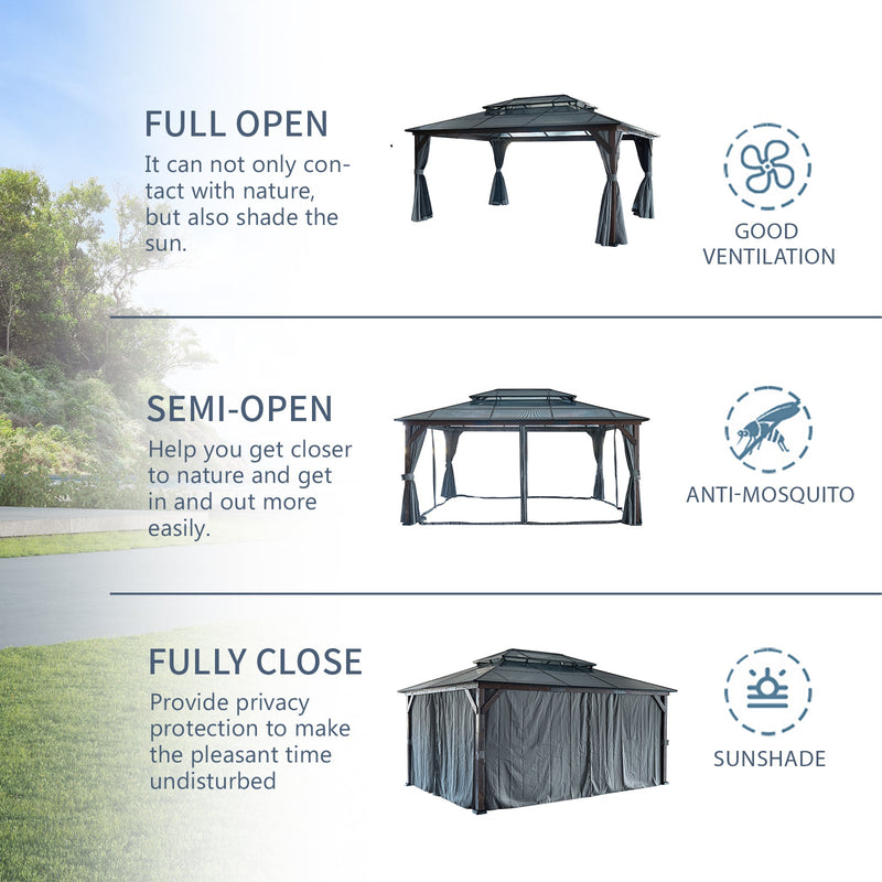 12' x 16' Hardtop Cedar Wood Gazebo for Patios, Outdoor Cedar Framed Gazebo with Double Metal Roof, Solid Wooden Framed Gazebo with Privacy Curtains and Mosquito Nettings for Garden, Backyard