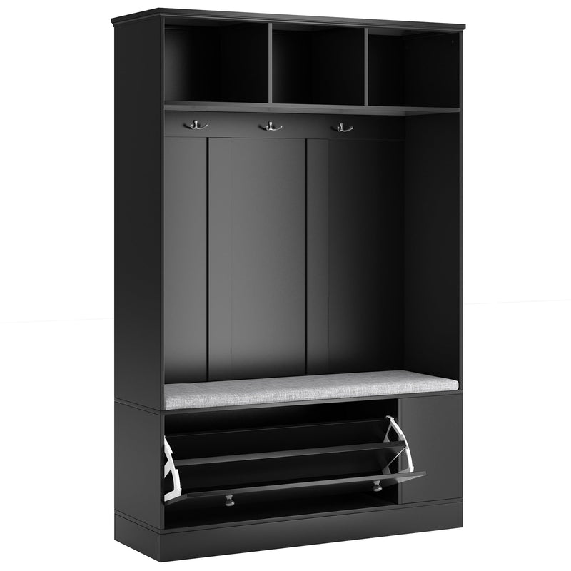 5-in-1 Entryway Bench with Coat Rack, Cushion and 3 Sturdy Hooks, 47.2" Wide Hall Tree with Shoe Storage Bench for Hallway, Entryway, Living Room