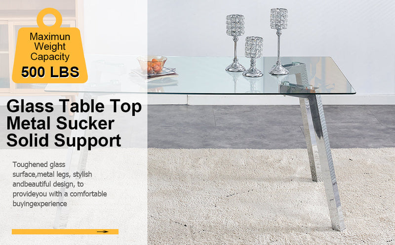 A modern minimalist rectangular glass dining table with tempered glass tabletop and silver metal legs, suitable for kitchens, restaurants, and living rooms,63"x35.4"x30"