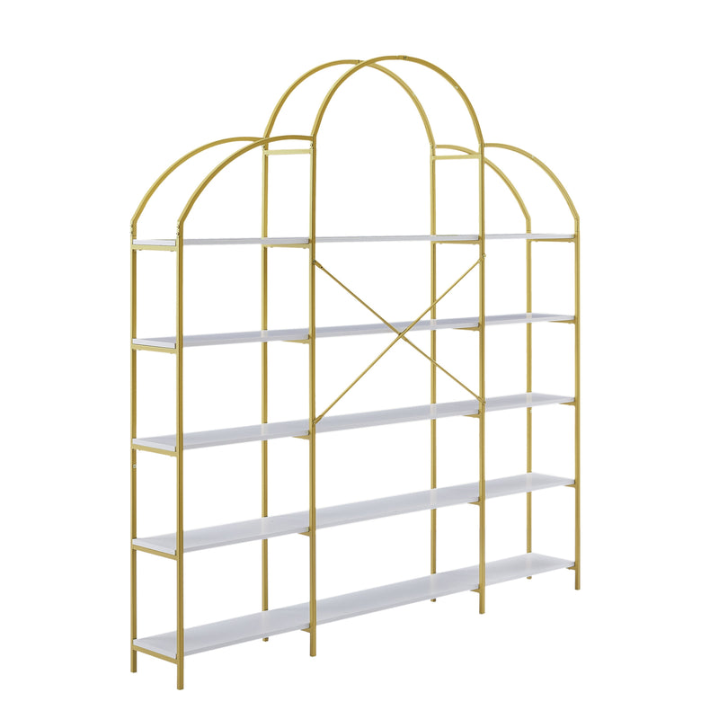74.8 Inch 5 Tiers Office Bookcase Bookshelf, Display Shelf with Round Top, X Bar Gold Frame