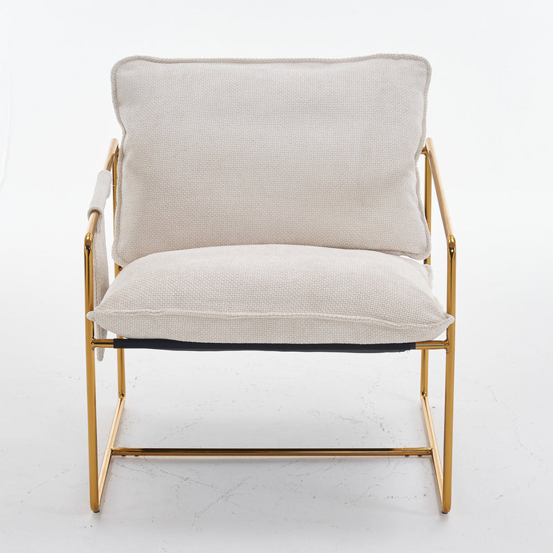 2 Sets 1 Case, Upholstered Hanging Armchair with Arm PocketsMetal frame, gold-plated craftsmanship, crushed foam cushions and skin-friendly woven fabric for living room and bedroom. Beige