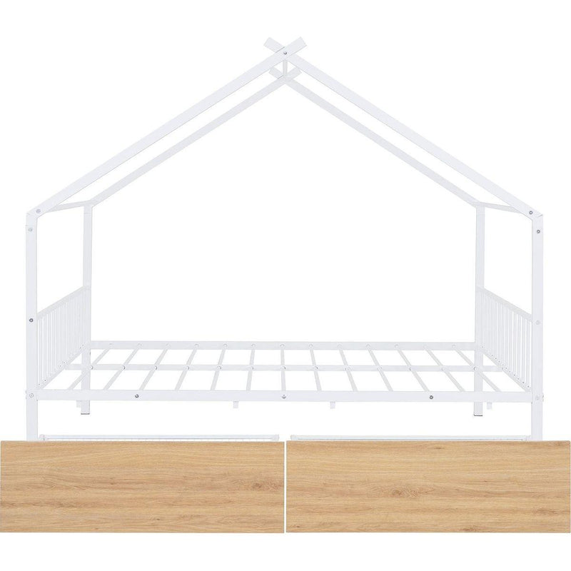 Full Size Metal House Bed with Two Drawers, White