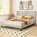 Queen Size Velvet Bed Frame with Vertical Channel Tufted Wingback Headboard-White