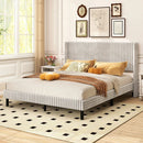 Queen Size Velvet Bed Frame with Vertical Channel Tufted Wingback Headboard-White by LJGDeals