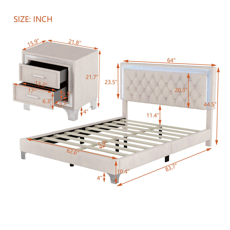 3-Pieces Bedroom Sets,Queen Size Upholstered Platform Bed with LED Lights and Two Nightstands-Beige