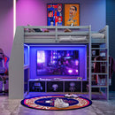 Gaming Loft Bed With Desk, Multi Storage Shelves, LED Lighting, And Hanging Clothes Rack by Unique Piece Furniture