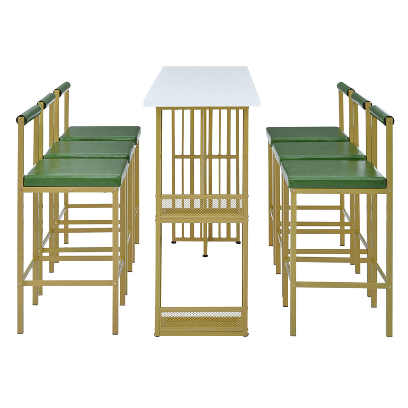 7-Piece Multi-Functional Modern Counter Height Dining Bar Table Set with Open Shelves and 6 Upholstered Stools for Dining Room, Bar and Cafe (White and Green)