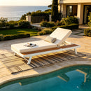 White Iron and Teak Finish Chaise Lounge Set with Cream Cushion by HouseOfZazla