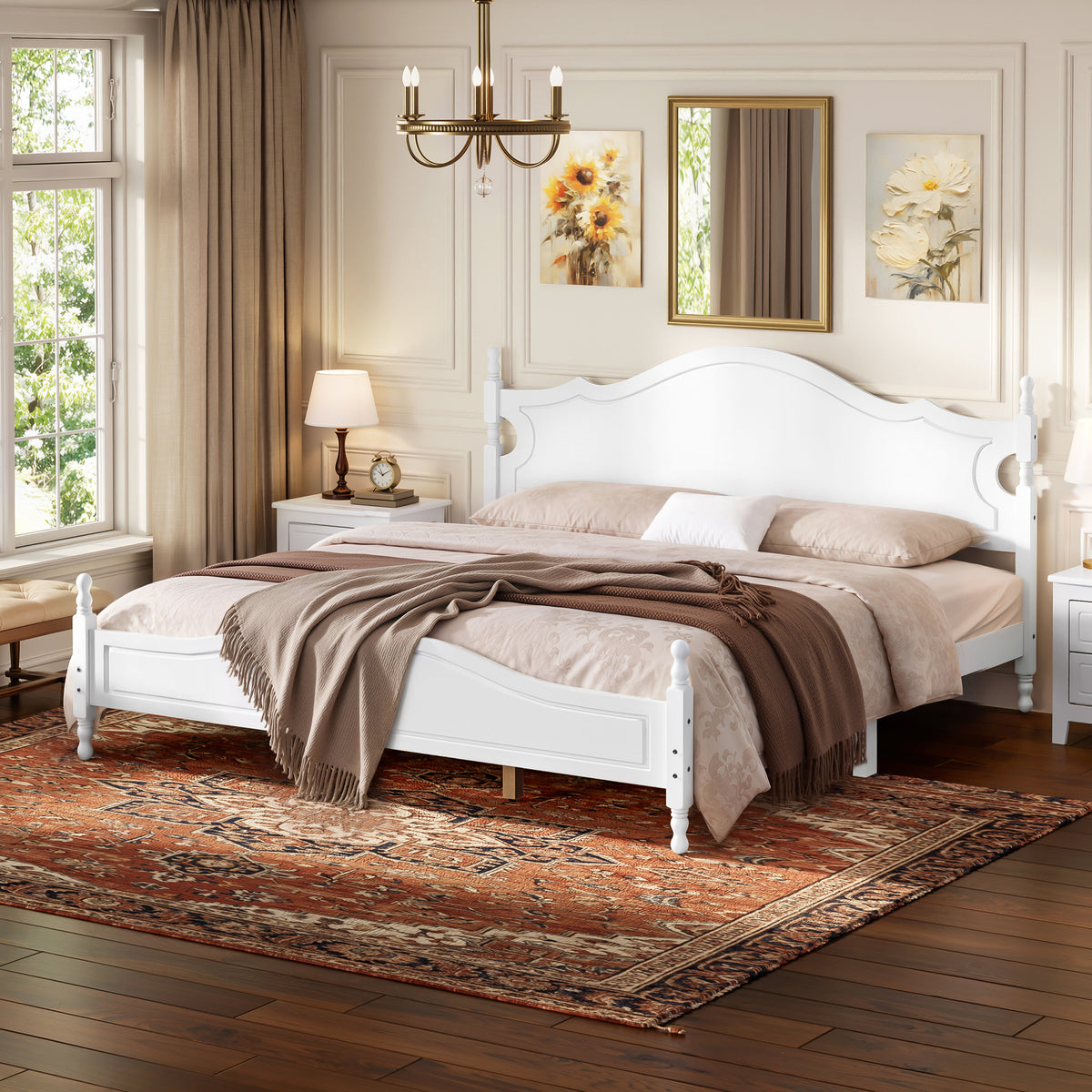 King Bed Frame with Headboard, Retro Style Wooden Platform Bed, photo 2 of 10
