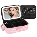Travel Makeup Bag with LED Mirror Makeup Case Organizer with 3 Light Colors Adjustable Dividers Brush Holder Magnifying Mirror Shoulder Strap Luggage