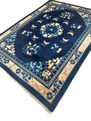Hand-Knotted Antique Chinese Peking Wool Rug – 5’6” x 7’6” – Full Pile Navy and Cream Design