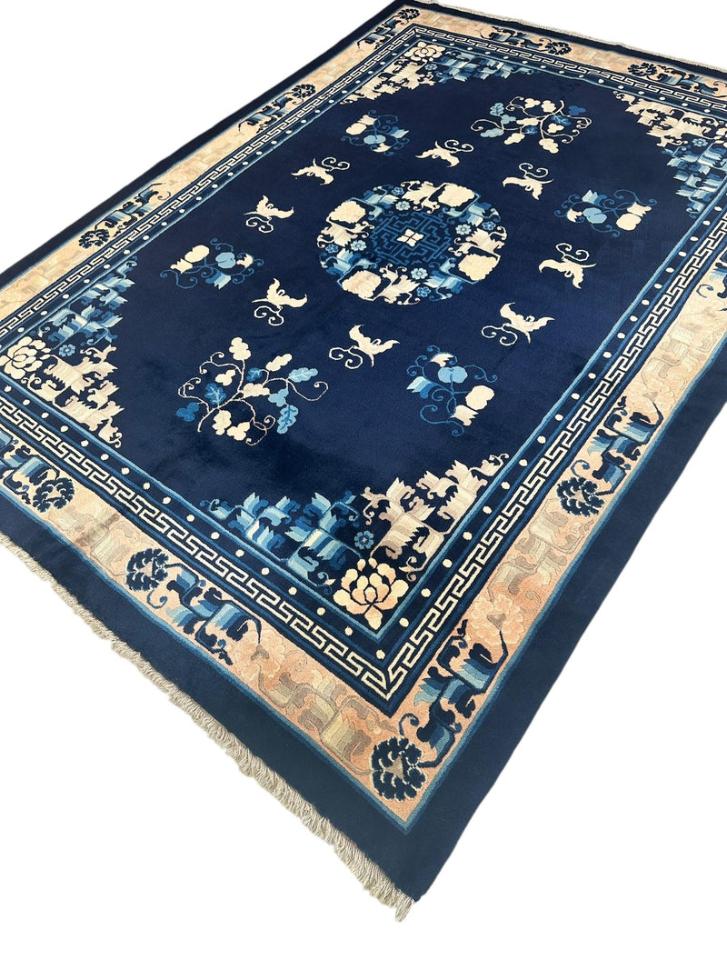 Hand-Knotted Antique Chinese Peking Wool Rug – 5’6” x 7’6” – Full Pile Navy and Cream Design